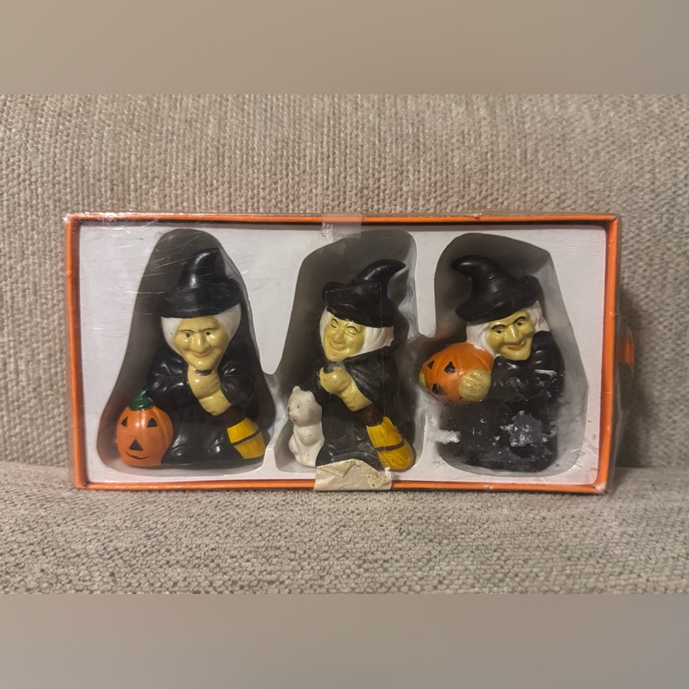 VINTAGE Loomco 3 Piece Hand Painted Witch Ceramic Figurine Set In Original Box